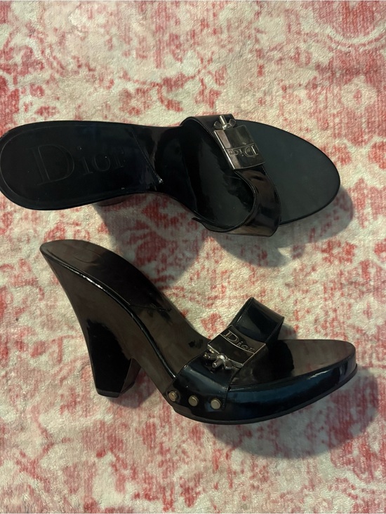 Dior Shoes - Dior Black Patent Leather Heeled Slide Sandals